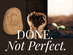 Stone, soil in cupped hands, and a sprout — symbolizing letting go of perfection and creating space for hope to grow.
