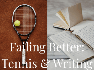 photo of a tennis racket + ball on a court and notebooks