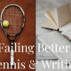photo of a tennis racket + ball on a court and notebooks