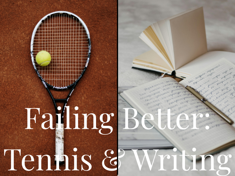photo of a tennis racket + ball on a court and notebooks