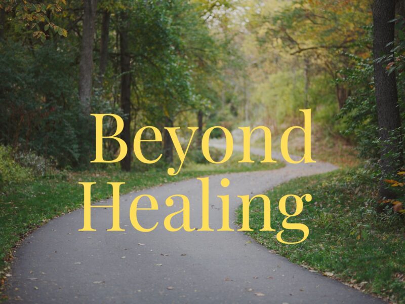 A sunlit path lined with trees, softly out of focus with word Beyond Healing centered.