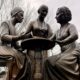 three women in bronze sitting at a table